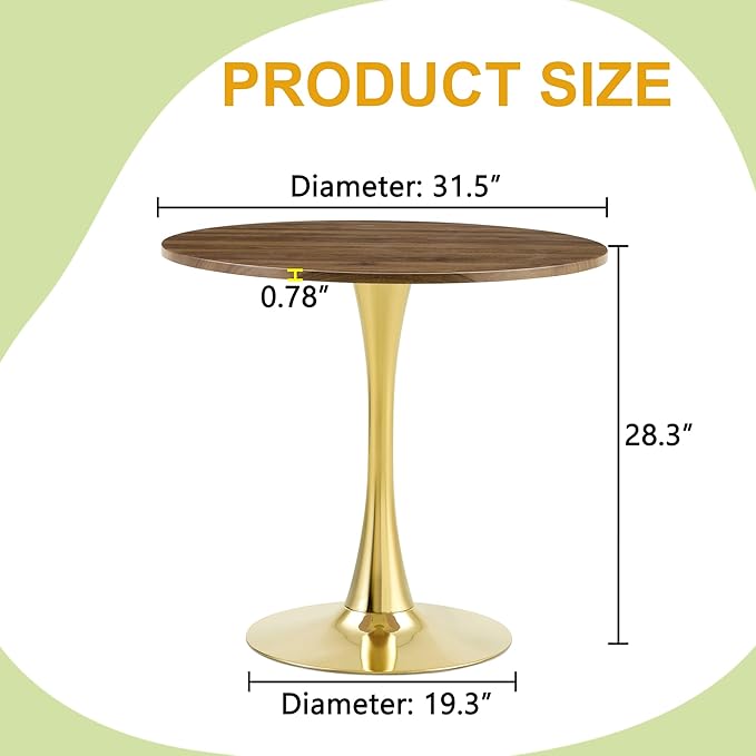 31.5 Inch Small Round Dining Table for 2-4 Person, Circle Tulip Table with Faux Walnut MDF Top and Gold Metal Base,Mid Century Modern Bistro Table for Kitchen, Small Places,Living Room, Cafe