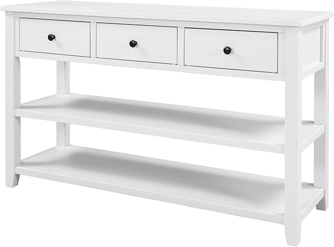LUMISOL Long Console Table with 3 Storage Drawers, Solid Wood Sofa Table with Storage & Open Shelves, Retro Entryway Tables for Hallway Living Room, 50''L x 16''W x 30.2''H (Antique White)