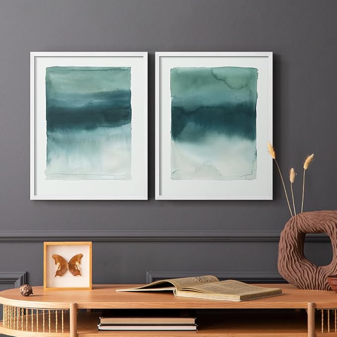 Renditions Gallery Set of 2 Peel & Stick Framed Prints, Tie Dye Abstract Wall Art, Sage Green Watercolor Horizon Wall Decor, Re-Stickable - Ready to Hang - 16"x20" - White Frame LT588