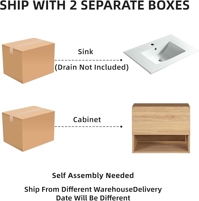 24 inch 3D Carved Bathroom Vanity with Open Compartment, Floating Cabinet with Soft-Close Drawer,with Ceramic Basin,Single Shelve,Mid Century Modern,Triamine Finish (Yellow Oak/White Sink)