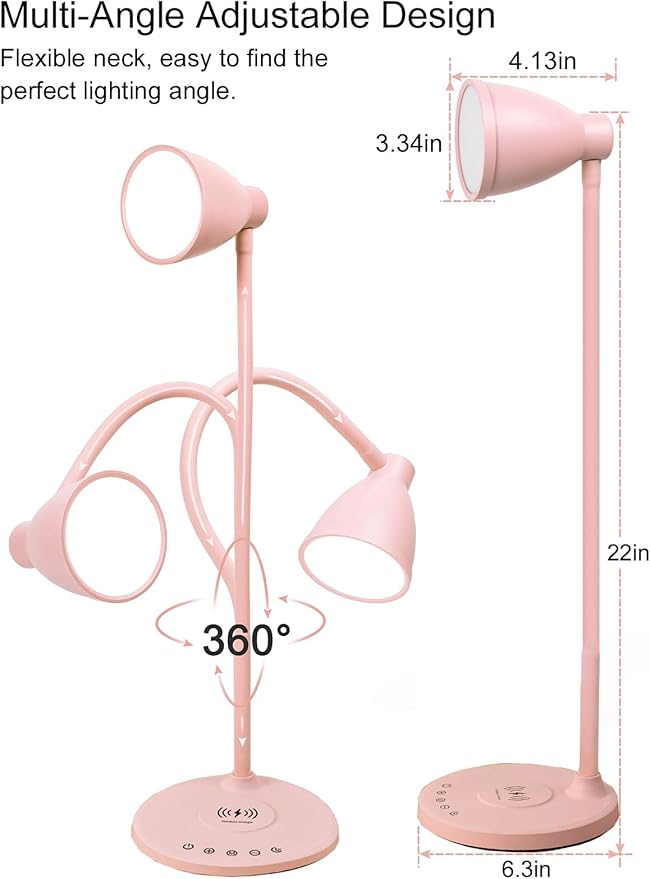 BOHON Cute Desk Lamp with USB C+A Charging Ports, Wireless Charger Pink Lamp, 5 Colors Stepless Dimming Reading Light, Touch Bedside Table Lamp, LED Desk Light for Home Office College Dorm Room Pink
