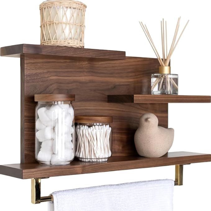 Straga Rustic Wall Mounted Bathroom Shelves - 23" Solid Walnut Hardwood Shelf Organizers with a Choice of 18" Towels Holder - A Modern Addition to Your Bathroom, Powder Room, Housewarming Gift