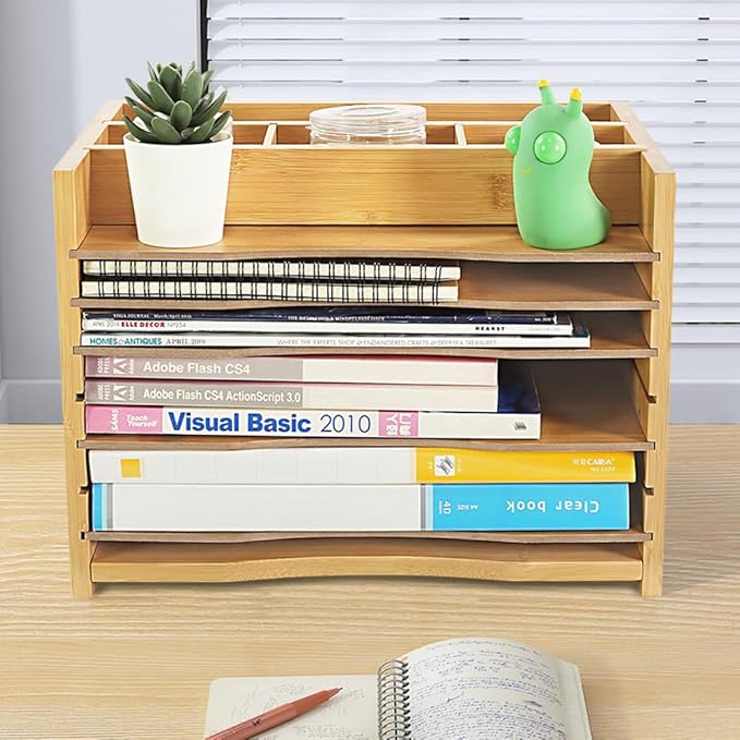 WKWKER 5-Tiers Bamboo File Organizer Paper Organizer Mail Sorter Document Letter Trays Desk Organizer with 4 Dividers for Office Home Study Desk Storage (Natural Color)
