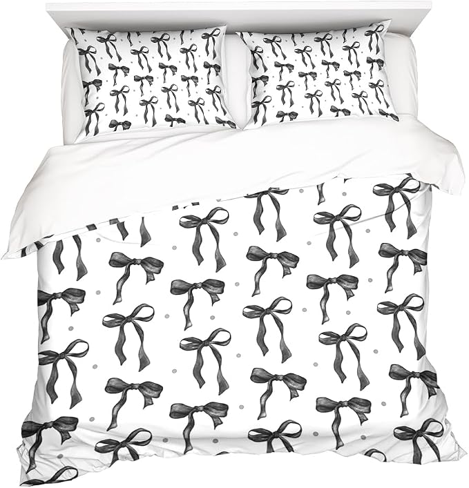 Black and White Bows Bedding Duvet Cover Set with Pillowcases 3Pcs Trendy Funky Preppy Bedding Bedcovers Coquette Dorms Bedroom Room Decor for Girl Lady Black Halloween Duvet Cover 68"x88"