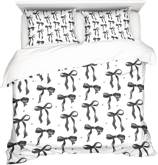 Black and White Bows Bedding Duvet Cover Set with Pillowcases 3Pcs Trendy Funky Preppy Bedding Bedcovers Coquette Dorms Bedroom Room Decor for Girl Lady Black Halloween Duvet Cover 68"x88"