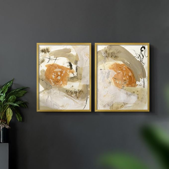 Renditions Gallery Set of 2 Peel & Stick Framed Prints, Neutral Abstract Wall Art, Earthy Tones Blended Brushstrokes Wall Decor, Re-Stickable - Ready to Hang - 22"x28" - GOLD Frame LT588