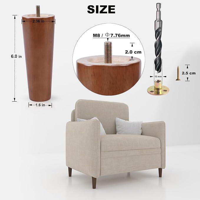 6 Inch Wood Furniture Legs Set of 4 - Heavy Duty Solid Wooden Couche Sofa Feet Replacement for Furniture,Cabinet,Ottoman,Bench,Table - Wooden Furniture Risers Foot - Walnut Finish