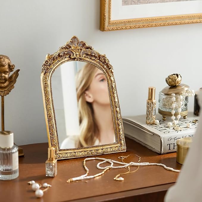 YUSONG Vintage Desk Mirror – 7" Gold Antique Tabletop Mirror with Resin Frame, Decorative Wall Art for Living Room Bedroom Vanity Desk Decor, Birthday Gift