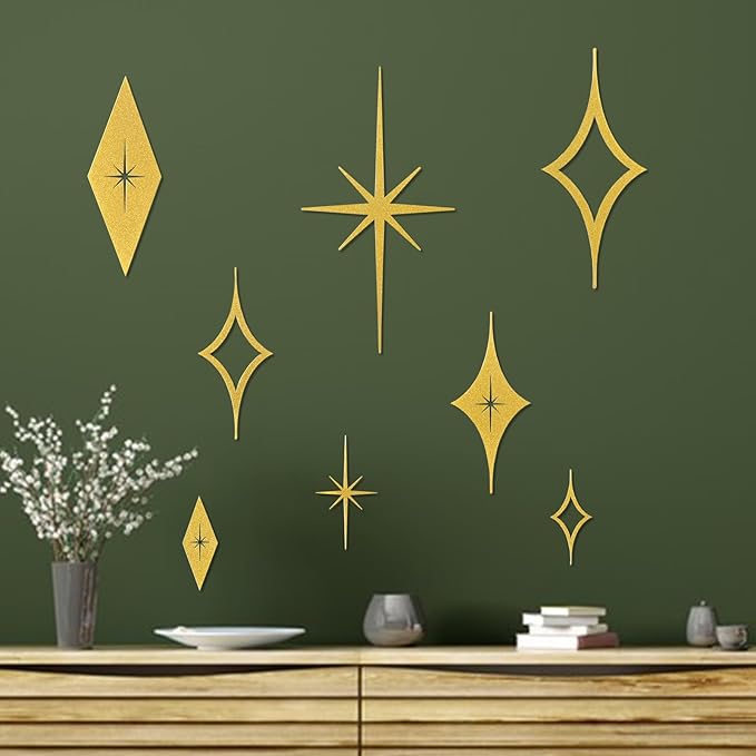 Bnesi 8 Piece Metal Mid Century Modern Wall Art Decor Vintage Style Gold Starburst Metal Wall Art Decor Mid Century Modern Star Bursts Decor for Living Room Bedroom Home Bathroom (Gold)