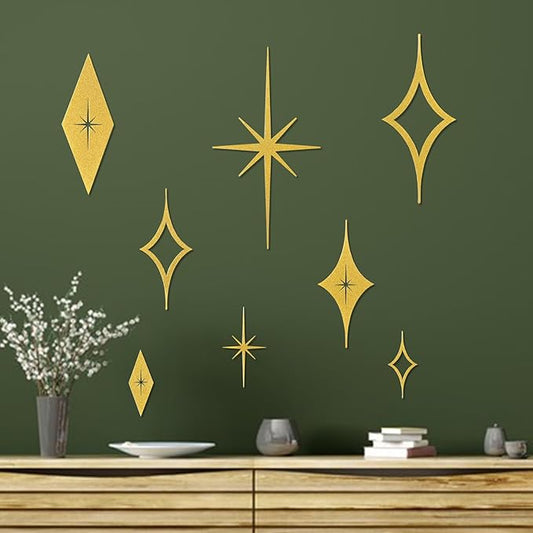 Bnesi 8 Piece Metal Mid Century Modern Wall Art Decor Vintage Style Gold Starburst Metal Wall Art Decor Mid Century Modern Star Bursts Decor for Living Room Bedroom Home Bathroom (Gold)