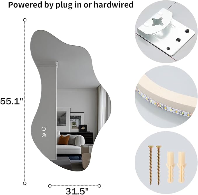 55.1″ Asymmetrical Bathroom Mirror with Lights, LED Irregular Wall Mirror, Abstract Modern Lighted Vanity Mirror for Wall, Anti-Fog, Dimmable, Horizontal/Vertical