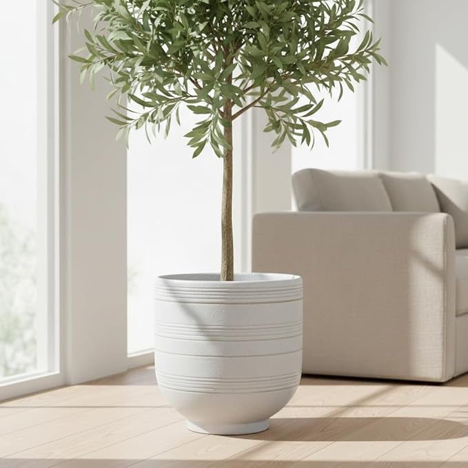 Large White Ceramic Planter for Indoor Trees, Modern Indoor Floor Planter Pot for Olive Trees & Faux Olive Trees, Pottery Planter with Drainage for Real Plants