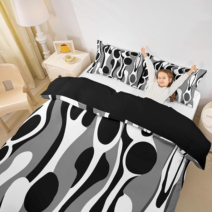 Erosebridal Organic Geometric Duvet Cover Set Modern Abstract King Bedding Set for Adult Men Retro Mid Century Comforter Cover Modern Fluid Art Irregular Circles Bed Sets,Gray Black
