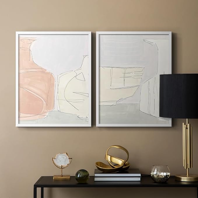 Renditions Gallery Set of 2 Peel & Stick Framed Prints, Neutral Abstract Wall Art, Soft Tones Delicate Linework Wall Decor, Re-Stickable - Ready to Hang - 11"x14" - White Frame LT588
