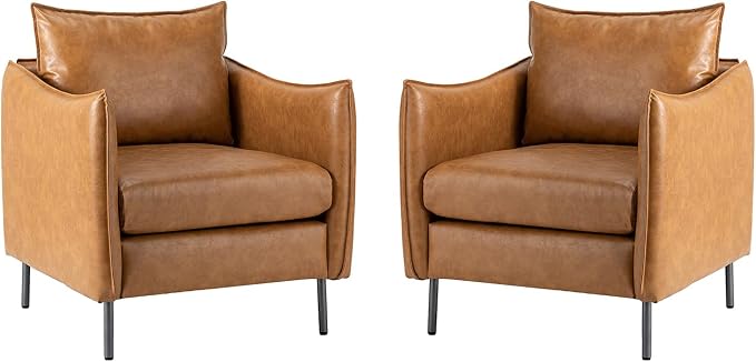 HULALA HOME PU Leather Vintage Armchair, Mid Century Accent Chair, Club Chairs Set of 2, Arm Chair for Living Room/Office/Bedroom/Study, Camel