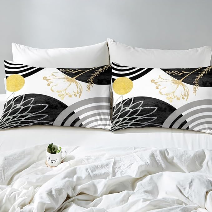 Mid Century Modern Duvet Cover Toddler Size for Kids Teens Adults - Black and White Abstract Comforter Cover Boho Minimalist Aesthetic Bedding Set Chic Modern Geometric Bohemian Floral Bed Set