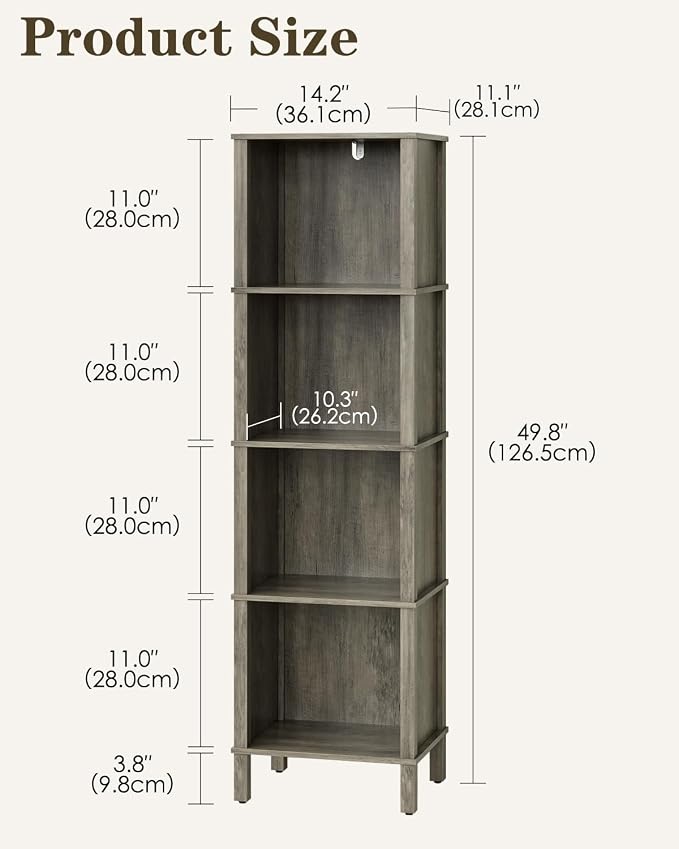 Bookshelf, Modern 4-Tier Bookcase, Open Storage Book Shelf, 11 × 14.2 × 50.4 Inches, Small Narrow Bookshelves for Living Room, Home Office, Bedroom, Gray