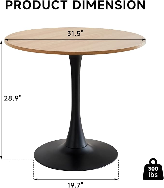 31.5" Round Dining Table for 2-4 Modern Circle Tulip Table with Metal Black Tulip Pedestal Base for Kitchen Dining Living Room Apartment Small Space Cafe, Natural