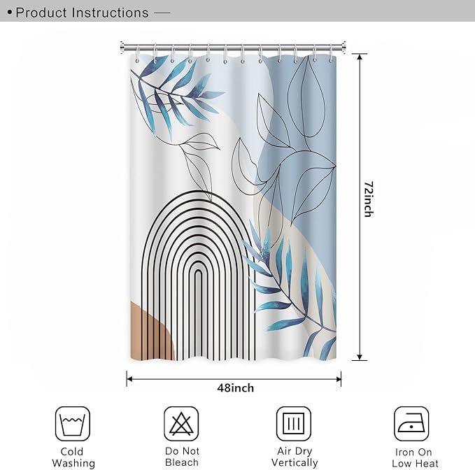 Abstract Mid Century Bathroom Shower Curtain - Bohemian Eucalyptus Leaves Stripes Arch Light Blue With Hooks, Waterproof Fabric Polyester Home Decor, 48x72 Inch