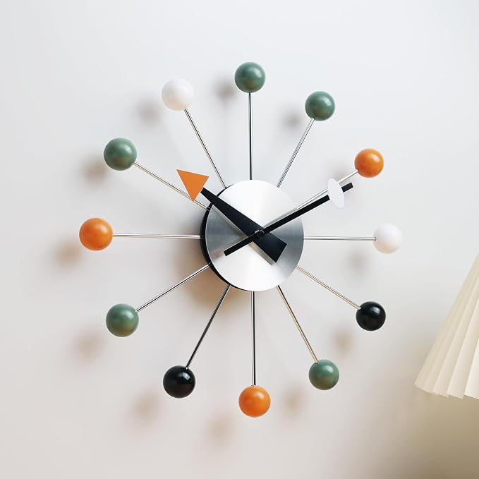 Mid Century Modern Wall Clock Decorative Multicolour Ball Silent Non Ticking Battery Operated 13 Inch Clocks for Living Room Kitchen Office