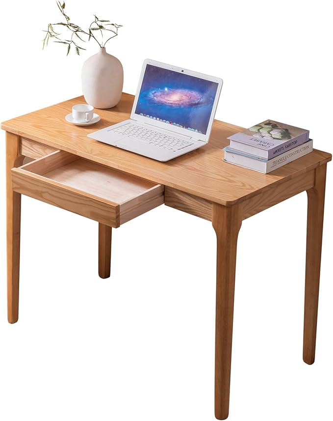 Solid Wood Desk with Drawers, Home Office Desk for Small Spaces, Gaming Work Study Desk, Student PC Desk for Bedroom, Easy to Assemble (Wood Color, 31.5 inch)