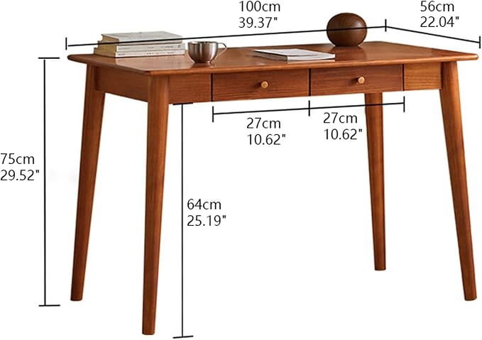 Mid Century Modern Desk, Wood Home Office Computer Desk with 2-Drawers, Vintage Writing Desk Workstation for Study, Bedroom(31.4 inch, Cherry)