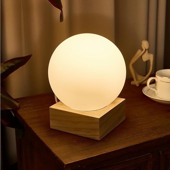 FLORNIA Globe Ball Lamp Modern Industrial Table Lamp, Unique Bedside Nightstand Desk Lamp with Glass Shade and Solid Wood Base for Bedroom, Living Room, Decoration (Include Bulb G45)