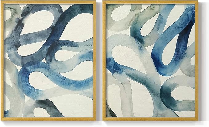 Renditions Gallery Set of 2 Peel & Stick Framed Prints, Watercolor Abstract Wall Art, Aquatic Water and Sand Strokes Wall Decor, Re-Stickable - Ready to Hang - 22"x28" - GOLD Frame LT588