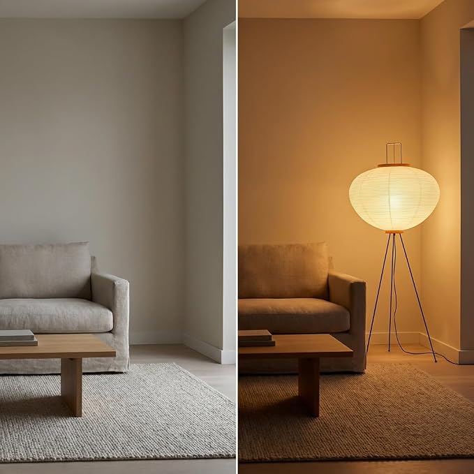 Nogy Noguchi Japanese Rice Paper Floor Lamp • 3000K Akari Standing Light for Living Room Bedroom, Modern Paper Lamp Design, Warm White Ambiance Lighting