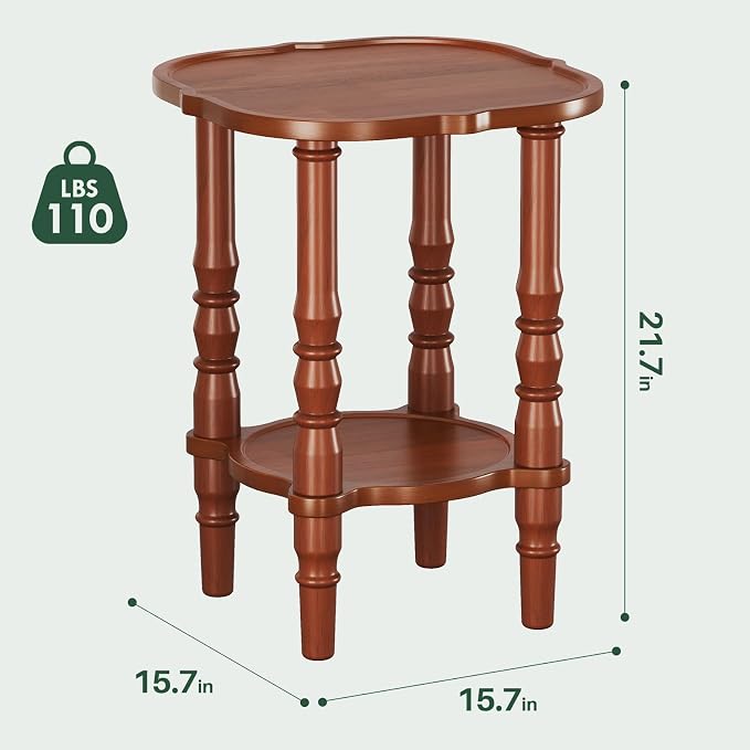 Solid Wood End Table Living Room - 21.7" H Small Narrow Square Wooden End Table for Small Spaces, Dark Real Brown Solid Wood Vintage Antique Side Bedside Table Nightstand with 2-Tier Storage