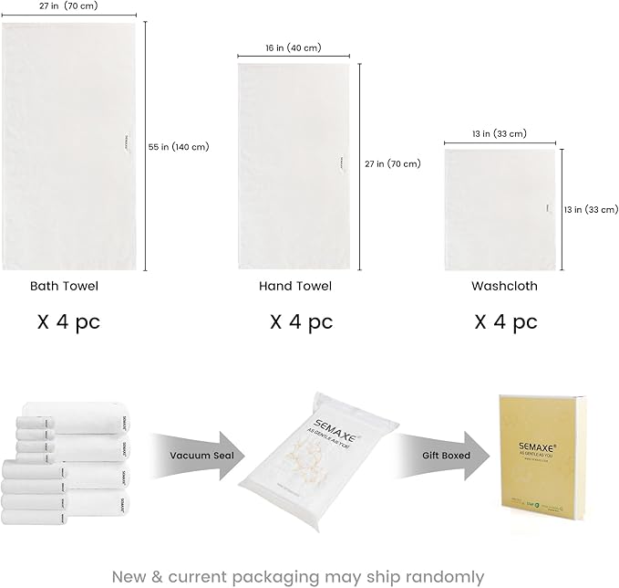 SEMAXE 12-Piece Family Bathroom Towel Set - 100% Cotton, 4 Bath Towels, 4 Hand Towels, 4 Washcloths, Ultra-Soft and Super Absorbent, Lighter Weight