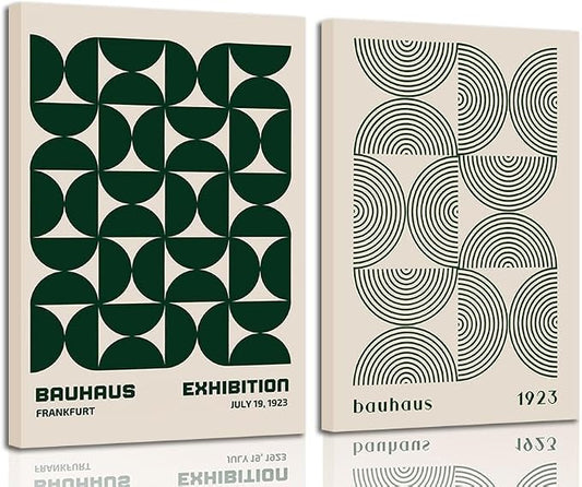 2Pcs Bauhaus Mid Century Modern Wall Art Retro Exhibition Posters Prints Green Boho Geometric Abstract Minimalist Wall Decor Pictures for Bedroom iving Room Dining Room Framed (Green, 16x24in Framed)
