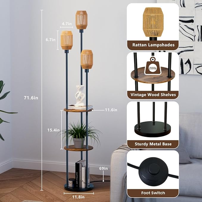 Floor Lamp with Shelves, Rustic Floor Lamp with Shades, 3 Light Standing Lamp with Table, 71" Tall Shelf Lamp with 3 Bulbs, Foot Switch, Corner Lamps for Living room, Bedroom (Black-Rattan)