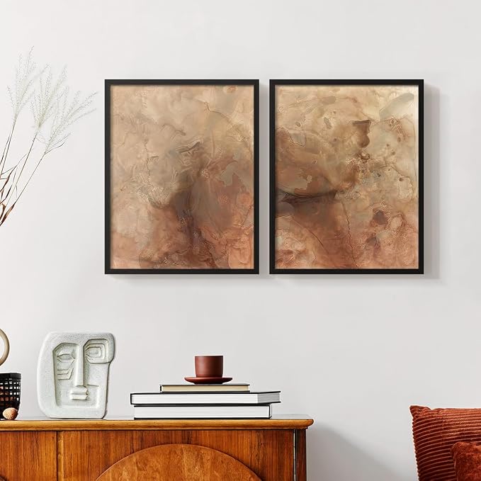 Renditions Gallery Set of 2 Peel & Stick Framed Prints, Abstract Wall Art, Brown Textured Marble Design Re-Stickable - Ready to Hang - 11"x14" - Black Frame LT588