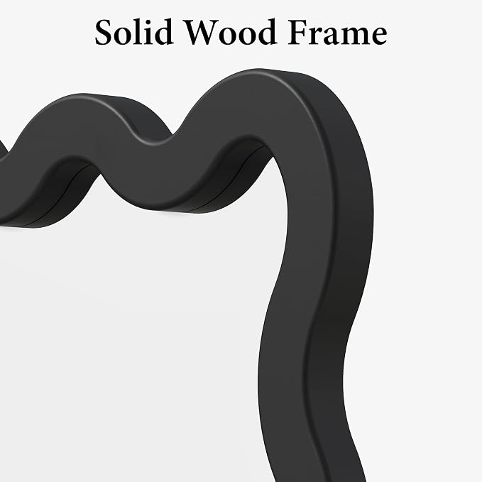24"x36" Matte Black Wavy Wall Mirror for Bathroom Vanity, Large Solid Wood Asymmetrical Mirror, Irregular Squiggle Mirror for Bedroom, Modern Funky Aesthetic Decor