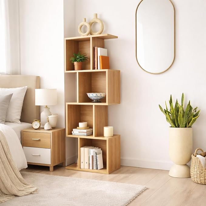 Bookcase, Bookshelf, Freestanding Display Storage Shelves Open Bookcase for Bedroom, Small Bookshelf for Living Room and Office (Natural, S-Shaped)