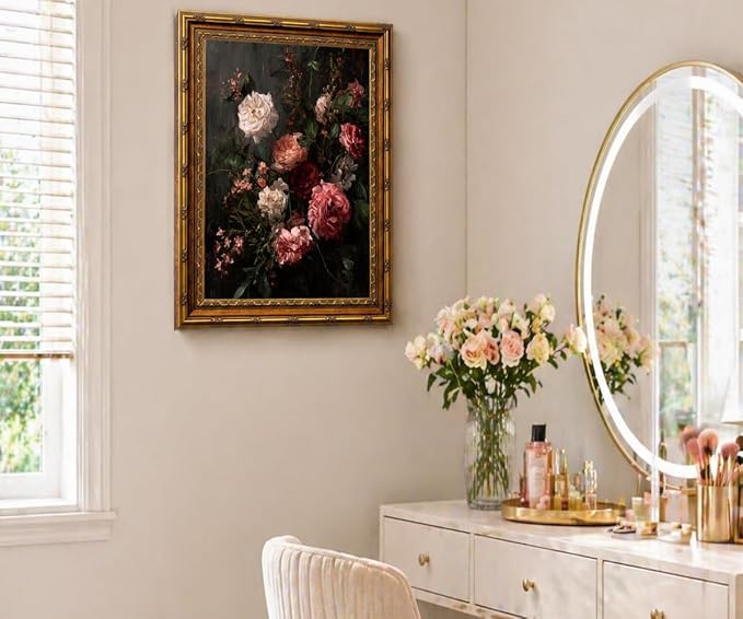 Dark Romantic Floral Wall Art Vintage Botanical Painting Moody Flower Still Life Print Gothic Dark Academia Wall Decor Antique Style Floral Picture Framed Vintage Frame 12x16 Inches