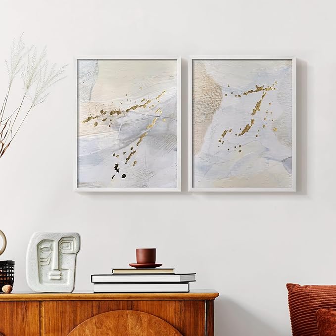 Renditions Gallery Set of 2 Peel & Stick Framed Prints, Modern Abstract Wall Art, Gold Sprinkle Oil Painting Wall Decor, Re-Stickable - Ready to Hang - 16"x20" - White Frame LT588