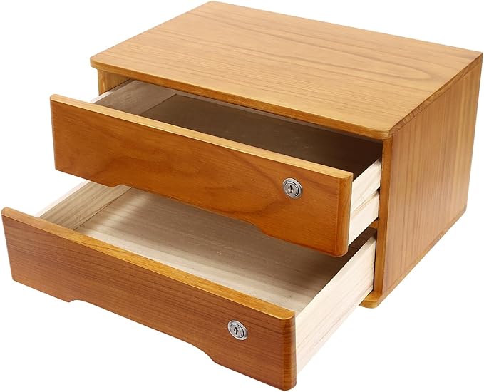 Desktop File Organizer with Lock, 2/3/4 Tier Multi-Drawer Wooden Storage Cabinet, Office Supply Organizer for Home Desk, Study & Workplace (Brown, 2 Layers)
