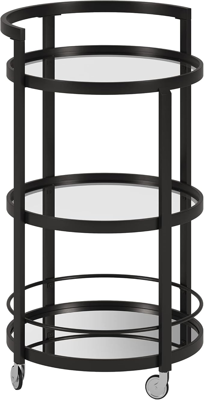 Henn&Hart 21" Modern Round 3-Tier Portable Bar Cart Home Bar Serving Cart for Home with Glass Shelves, Handle, and Caster Wheels for Dining Room, Living Room, or Kitchen, Black
