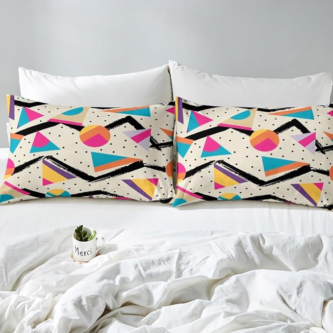 Memphis Duvet Cover Set King Size, Retro 80s or 90s Fashion Style Bedding Set for Kids Boys Girls, Geometric Triangle Circle Comforter Cover Soft Polyester Quilt Cover with 2 Pillowcases,No Comforter