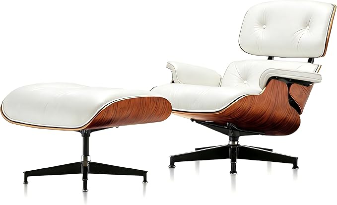 Mid Century Chaise Lounge Chair with Ottoman, Top Black Grain Leather, Modern Office Chair Classic Design, Heavy Duty Base Support for Living Room Study Lounge Office