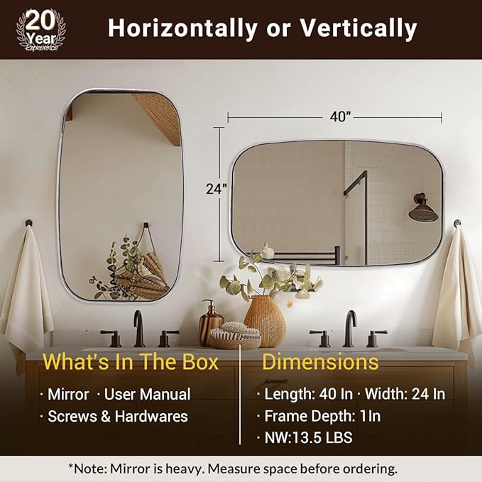 ANDY STAR Chrome Oval Mirror, 24x40 Inch Polished Chrome Bathroom Mirrors, Non-Rusting SUS304 Metal Tube Frame, Wall-Mounted Vertically or Horizontally
