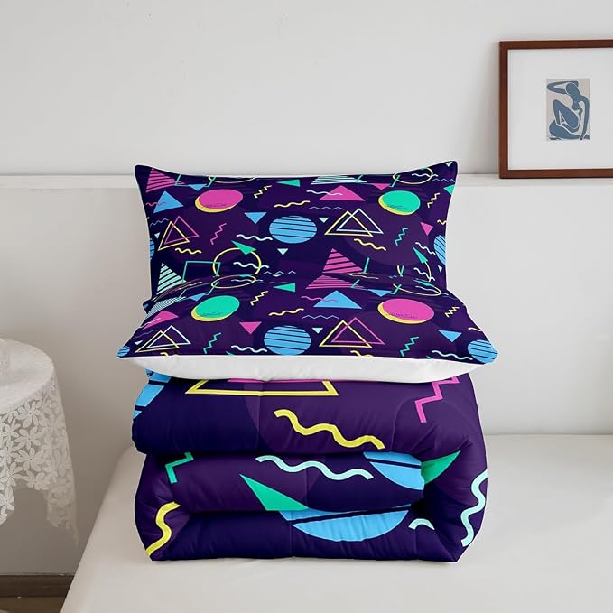Manfei Memphis Comforter Set Twin Size, Retro 80s or 90s Fashion Style Bedding Set 2pcs for Kids Boys Girls, Geometric Triangle Circle Quilt Set Soft Polyester Duvet Set with 1 Pillowcase