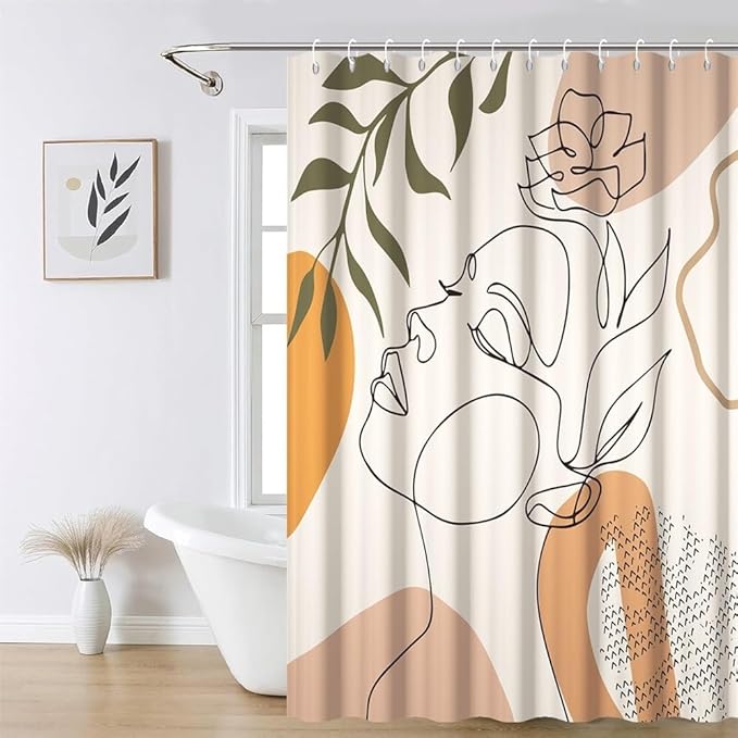 65x72 Inch Modern Boho Bathroom Shower Curtain Abstract Minimalist Bath Set Decor Women Portrait Stripe Palm Leaves Chic Aesthetic Bathtub Curtains Washable Waterproof Polyester Fabric with Hooks