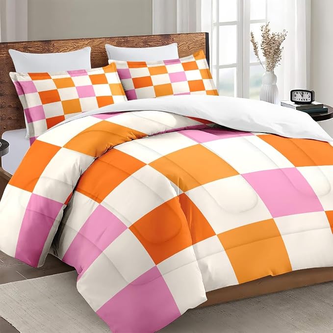 Comforter Set with 2 Pillowcases King Size, Pink Orange Plaid Buffalo Checkered, Bed Decor Hippie Retro 70s Geometric Checkerboard Grid for Kids and Adults, Soft Cozy Bedroom Bedding Set