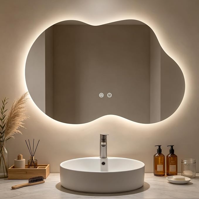 WallBeyond 36"x20" Irregular LED Vanity Mirror with Backlight, Asymmetrical Bathroom Mirror with Lights for Makeup or Modern Sink Area, Anti-Fog & Dimmable, Horizontal/Vertical Mount