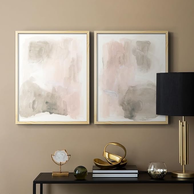 Renditions Gallery Set of 2 Peel & Stick Framed Prints, Watercolor Abstract Wall Art, Nude Color Neutral Aesthetic Wall Decor, Re-Stickable - Ready to Hang - 11"x14" - NATURAL WOOD Frame LT588