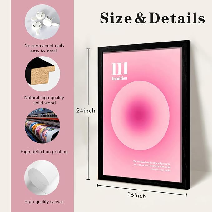 LIANGSU Black Framed Angel Number Affirmations Wall Art Pink Aura Gradient Butterfly Canvas Prints Boho Spiritual Positive Energy Wall Picture for Bedroom Living Room Office 16x24 Inch