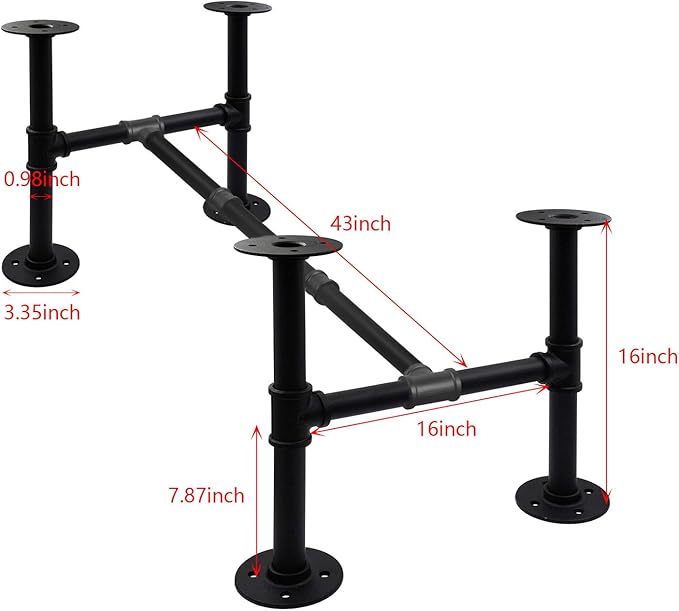 16In Height x 16In Width x 43In Length Industrial Pipe Table Leg Set, Iron Base Legs for Coffee Tables, Desks, NightstandVintage, Dark Grey Black Rough Pipes